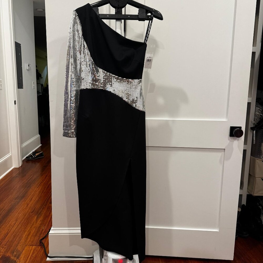 SHO by Tadashi Shoji, Sequin One-Shoulder‎ Black Scuba Dress, Size S, NWT